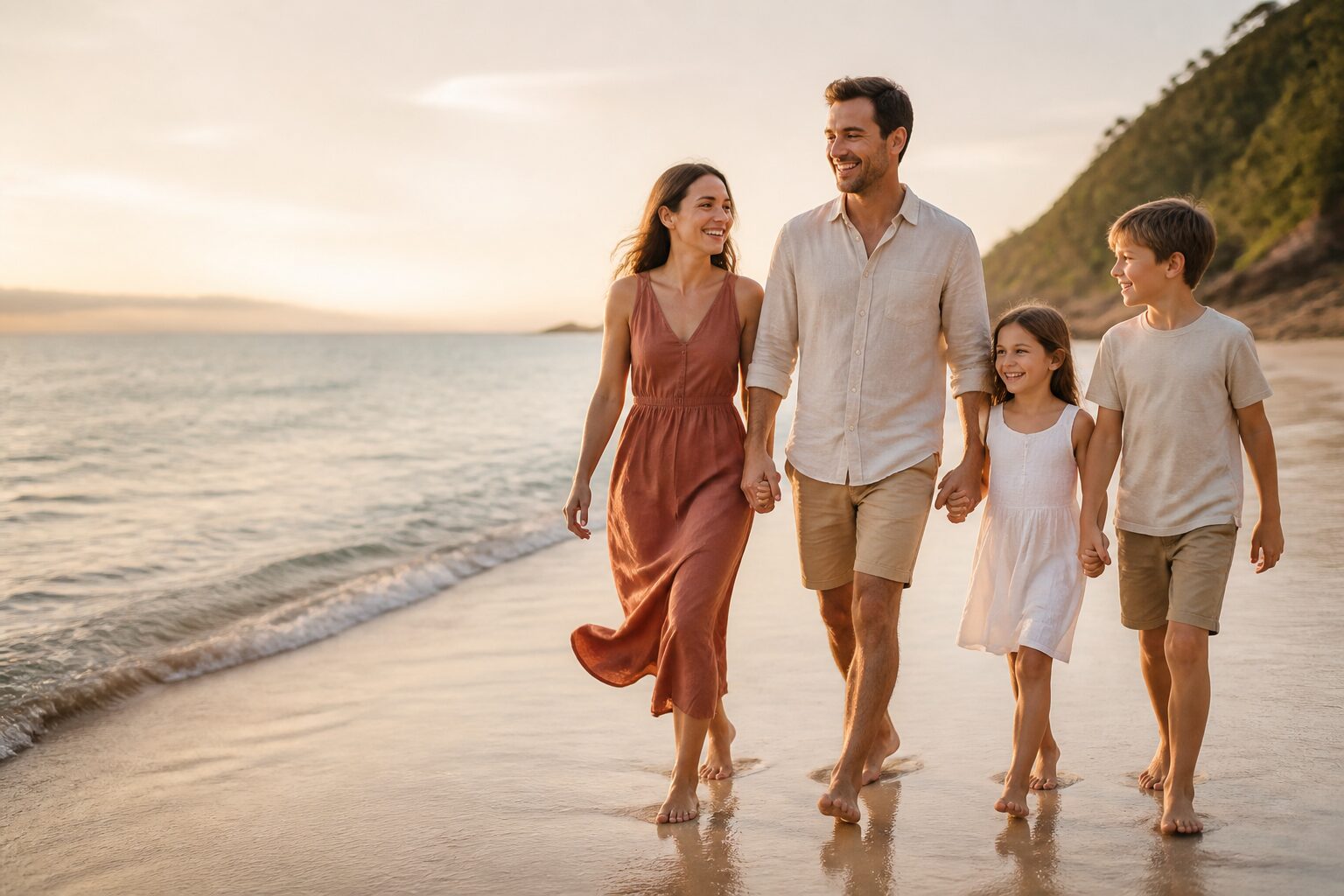A family of four walking barefoot together along the shoreline at sunset